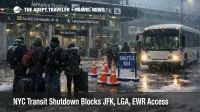 NYC transit shutdown airport access delays travelers at JFK as AirTrain buses replace rail during the February 22-23 storm