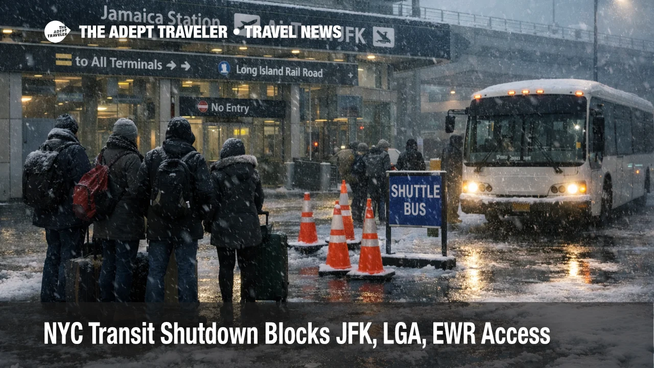 NYC transit shutdown airport access delays travelers at JFK as AirTrain buses replace rail during the February 22-23 storm