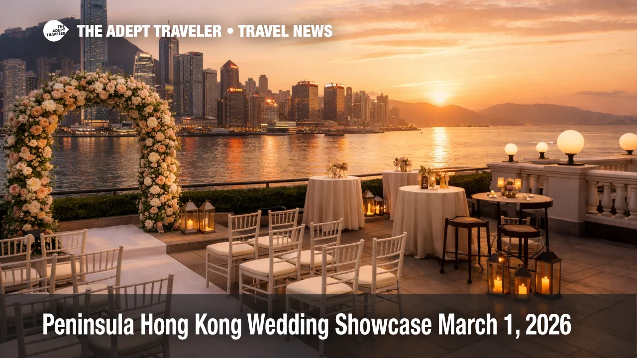 Sun Terrace set for Peninsula Hong Kong wedding showcase, with Victoria Harbour views and ceremony décor ready for touring