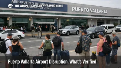 Puerto Vallarta airport disruption at PVR, travelers wait outside the terminal as airlines cancel flights amid regional unrest