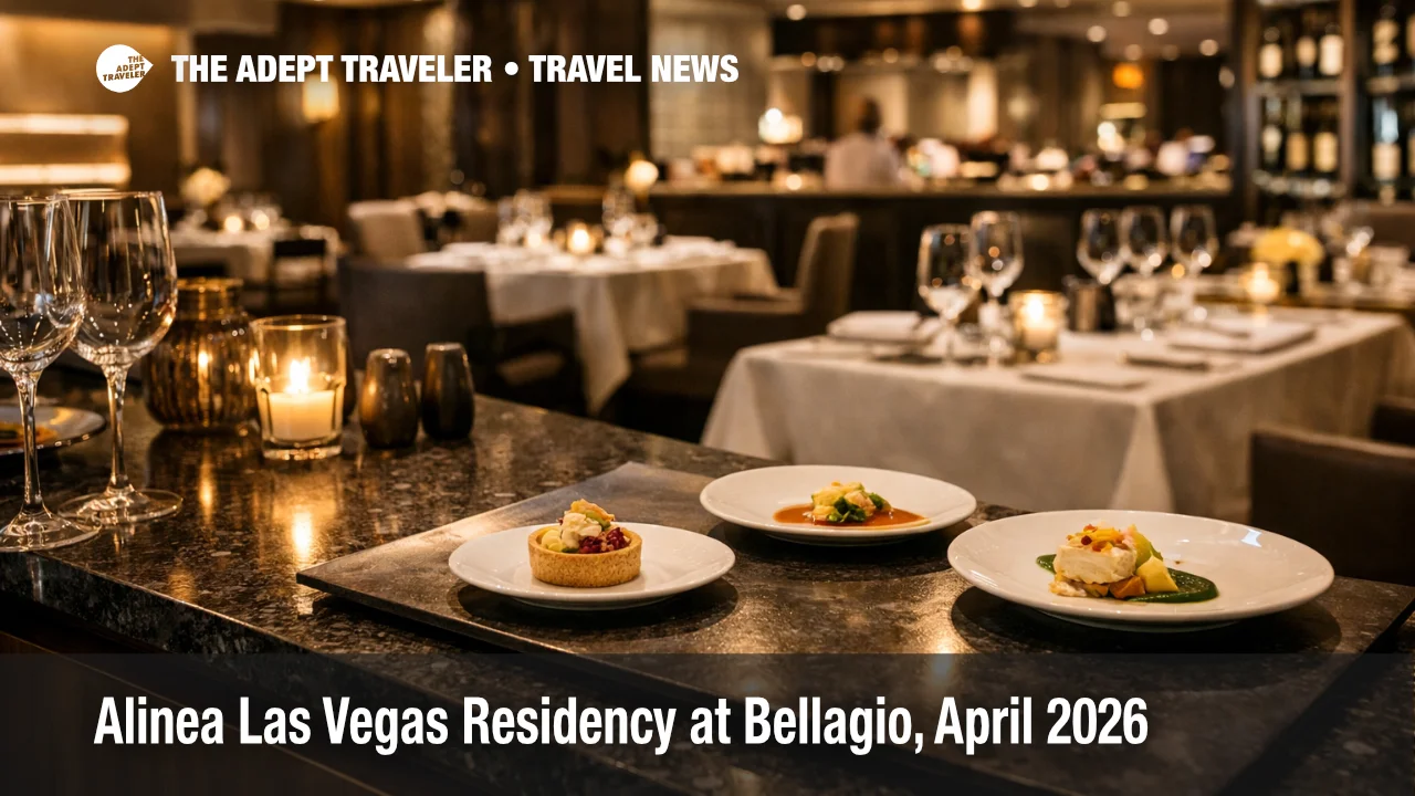 Alinea Bellagio residency dining room setup at Michael Mina in Las Vegas ahead of April 2026 service