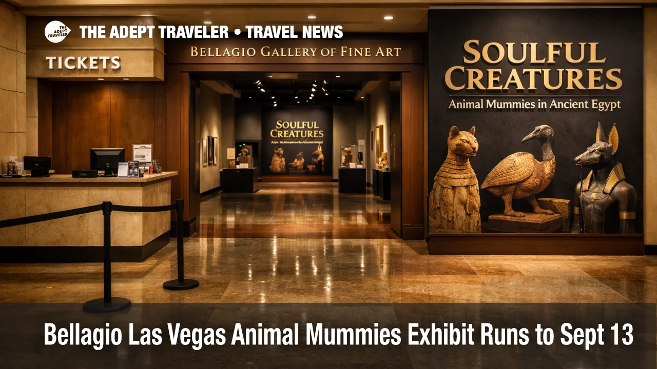 Bellagio animal mummies exhibit entrance at Bellagio Gallery of Fine Art in Las Vegas, open through Sept 13