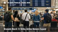 Brussels March 12 strike waivers as travelers queue at BRU, departures board shows cancellations and rebook notices