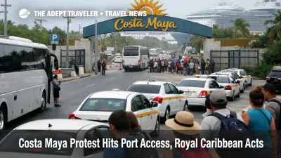 Costa Maya cruise port protest cues near Mahahual access road as taxis and tour buses stage with delays