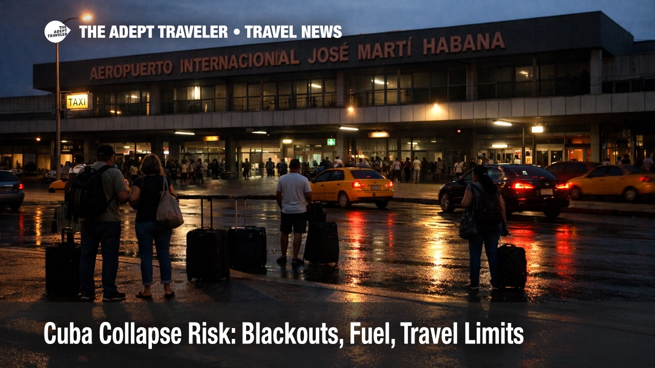 Cuba collapse risk for travelers shown at Havana airport curbside during power outages and fuel shortages