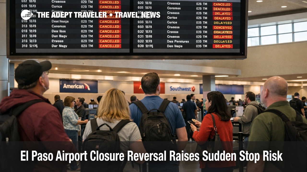 El Paso airport closure reversal shown by ELP departure boards and travelers checking sudden cancellation notices
