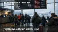Feb 24 flight delays at JFK, travelers queue under departure boards showing snow disruption and rolling cancellations
