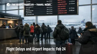 Feb 24 flight delays at JFK, travelers queue under departure boards showing snow disruption and rolling cancellations