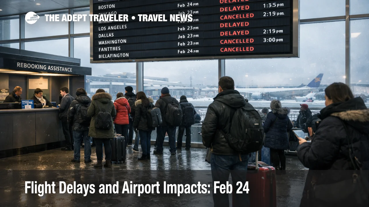 Feb 24 flight delays at JFK, travelers queue under departure boards showing snow disruption and rolling cancellations