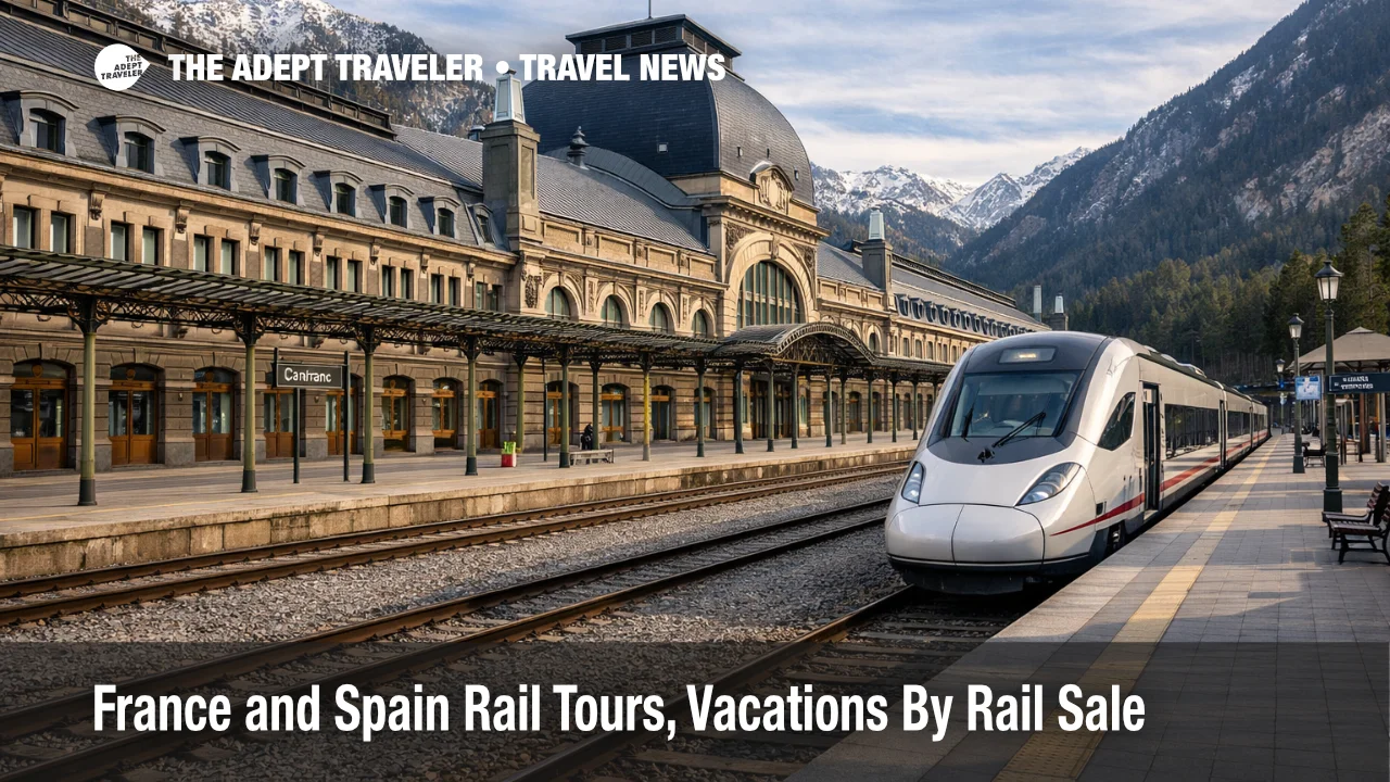 Vacations By Rail 2026 sale, train at Canfranc Estación in the Pyrenees on a France Spain itinerary
