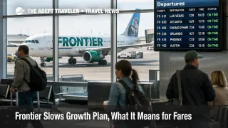 Frontier Airlines growth cut backdrop, Frontier jet at DEN gate as travelers weigh 2026 fares and schedule stability