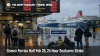 Travelers wait at Port of Piraeus as Greece ferry strike Feb 28 halts island departures