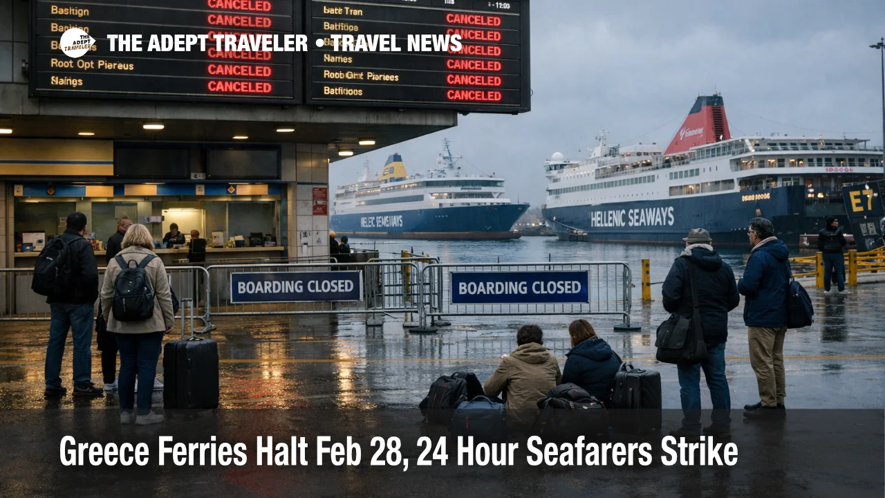 Travelers wait at Port of Piraeus as Greece ferry strike Feb 28 halts island departures