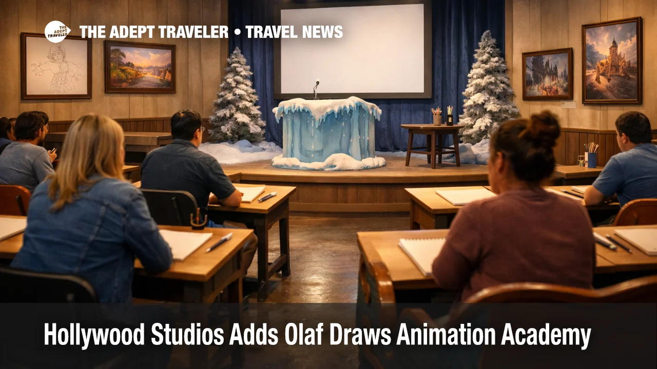 ALT text: Magic of Disney Animation classroom at Hollywood Studios with families sketching during an Olaf Draws session