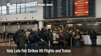 Italy late February strikes, passengers queue at Rome Fiumicino as a departures board shows delays and cancellations