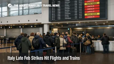 Italy late February strikes, passengers queue at Rome Fiumicino as a departures board shows delays and cancellations