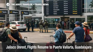 Puerto Vallarta flights resume as travelers queue curbside at PVR with visible security and a mostly normal departures board