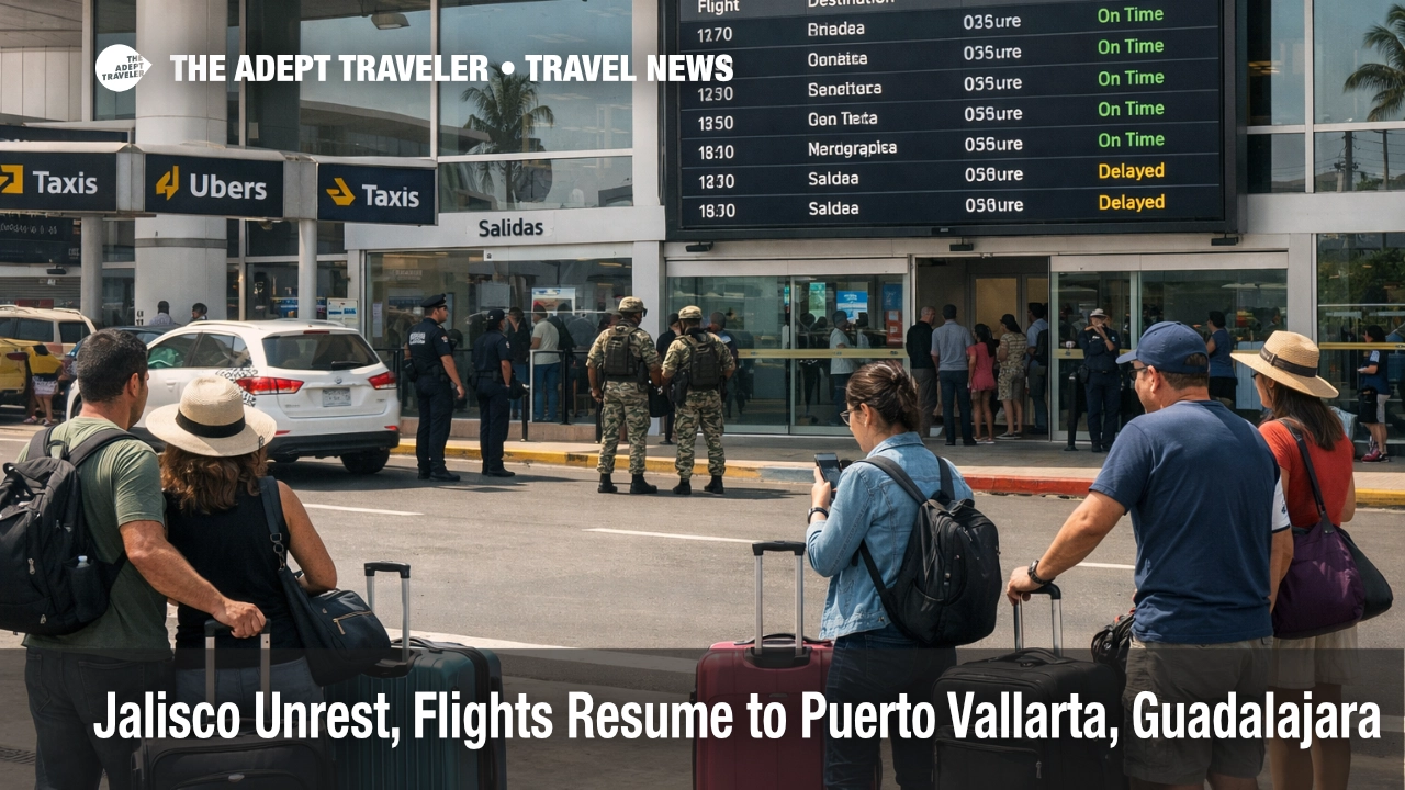 Puerto Vallarta flights resume as travelers queue curbside at PVR with visible security and a mostly normal departures board