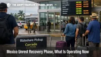 Mexico unrest recovery phase, travelers wait at PVR curb as flights restart and airport transfers remain uncertain