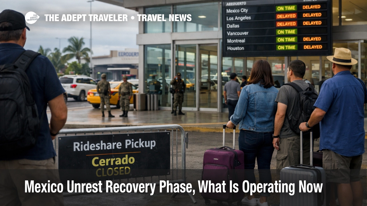 Mexico unrest recovery phase, travelers wait at PVR curb as flights restart and airport transfers remain uncertain
