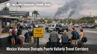 Mexico violence travel impacts, travelers wait outside Puerto Vallarta airport as ground access disruptions delay transfers