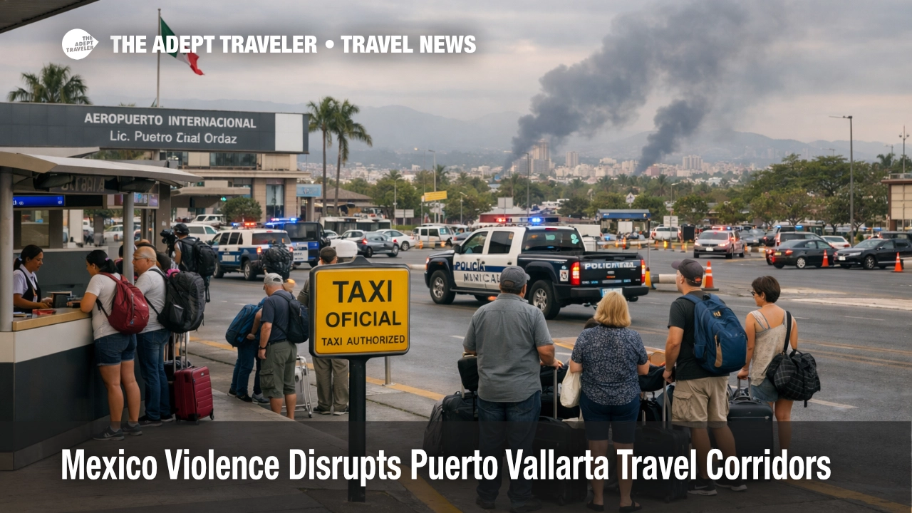 Mexico violence travel impacts, travelers wait outside Puerto Vallarta airport as ground access disruptions delay transfers
