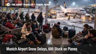 Munich Airport snow delays show deicing trucks and waiting passengers near gates during a winter disruption night
