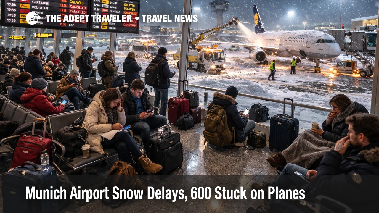 Munich Airport snow delays show deicing trucks and waiting passengers near gates during a winter disruption night