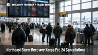 Northeast storm recovery flights, travelers wait at JFK as boards show Feb 24 cancellations and rolling delays