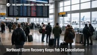 Northeast storm recovery flights, travelers wait at JFK as boards show Feb 24 cancellations and rolling delays
