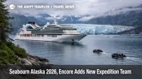 Seabourn Encore passes an Alaska glacier as the Seabourn Alaska expedition team leads Zodiac and kayak outings