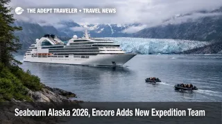 Seabourn Encore passes an Alaska glacier as the Seabourn Alaska expedition team leads Zodiac and kayak outings