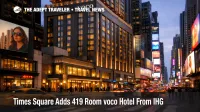 voco Times Square hotel exterior at dusk near Broadway, highlighting the new IHG 419 room tower and rooftop views