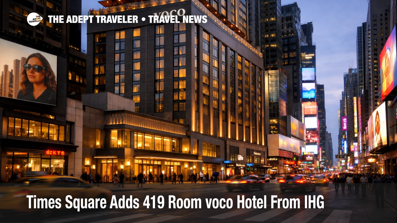 voco Times Square hotel exterior at dusk near Broadway, highlighting the new IHG 419 room tower and rooftop views