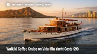 Waikiki coffee cruise yacht passes Diamond Head at sunrise, suggesting a calm 90 minute Kona coffee sail off Honolulu