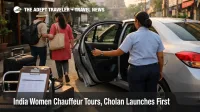 Woman chauffeur beside a tour car in Tamil Nadu, illustrating women chauffeur driven tours India for multi day trips
