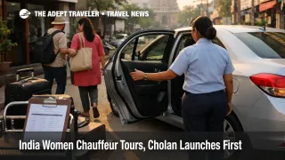 Woman chauffeur beside a tour car in Tamil Nadu, illustrating women chauffeur driven tours India for multi day trips
