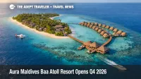 Aura Maldives opening 2026, aerial view of Baa Atoll resort island with overwater villas and seaplane transfer approach