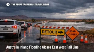 Australia inland flooding travel disruption near Port Augusta, wet highway detour and slow traffic under storm clouds
