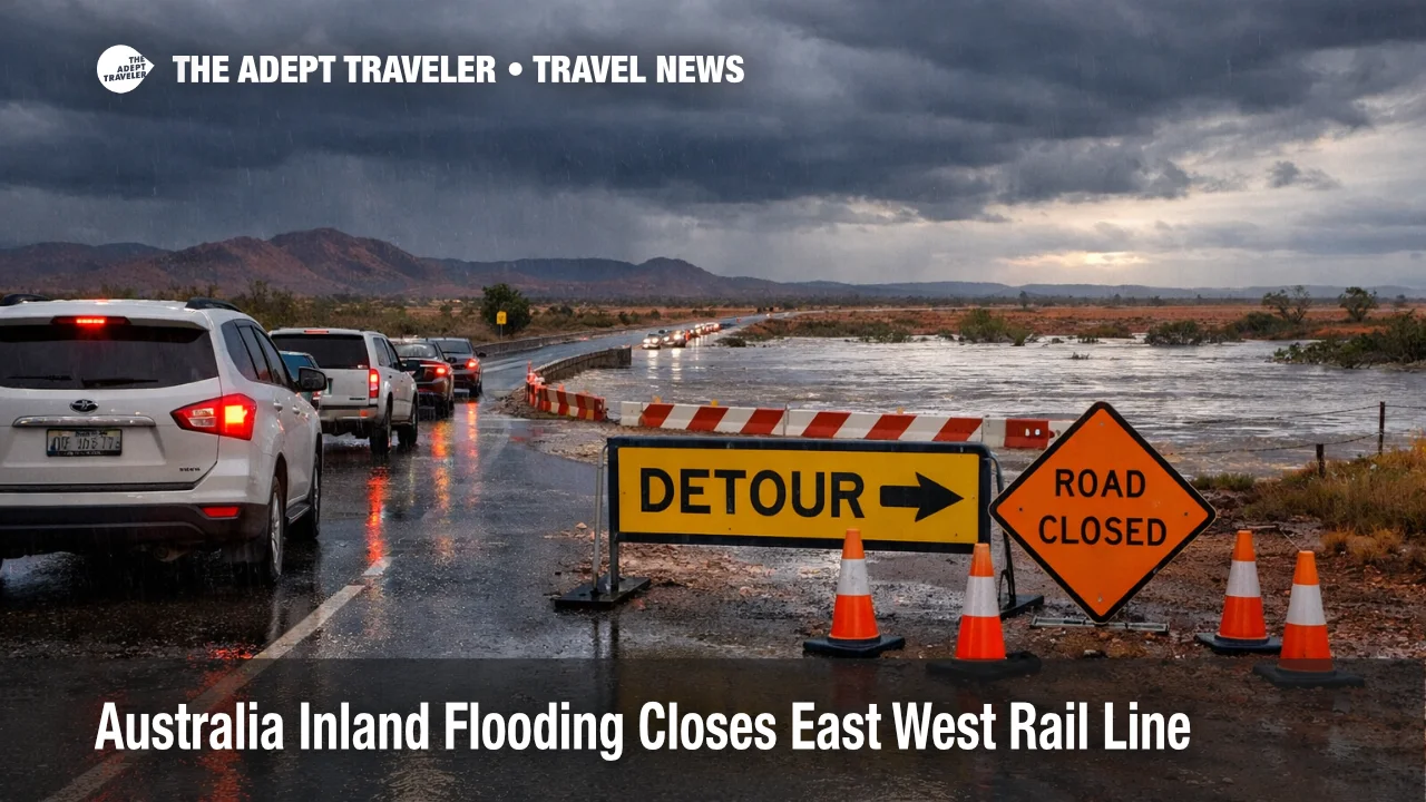 Australia inland flooding travel disruption near Port Augusta, wet highway detour and slow traffic under storm clouds