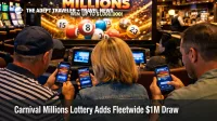 Guests use the Carnival HUB app for the Carnival Millions lottery in a cruise ship casino lounge.