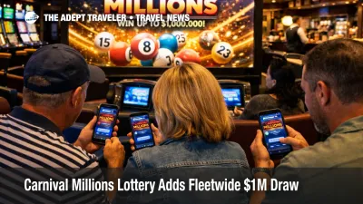 Guests use the Carnival HUB app for the Carnival Millions lottery in a cruise ship casino lounge.