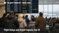 Feb 25 flight delays at LaGuardia show 31 to 60 minute impacts on boards as travelers wait under low visibility