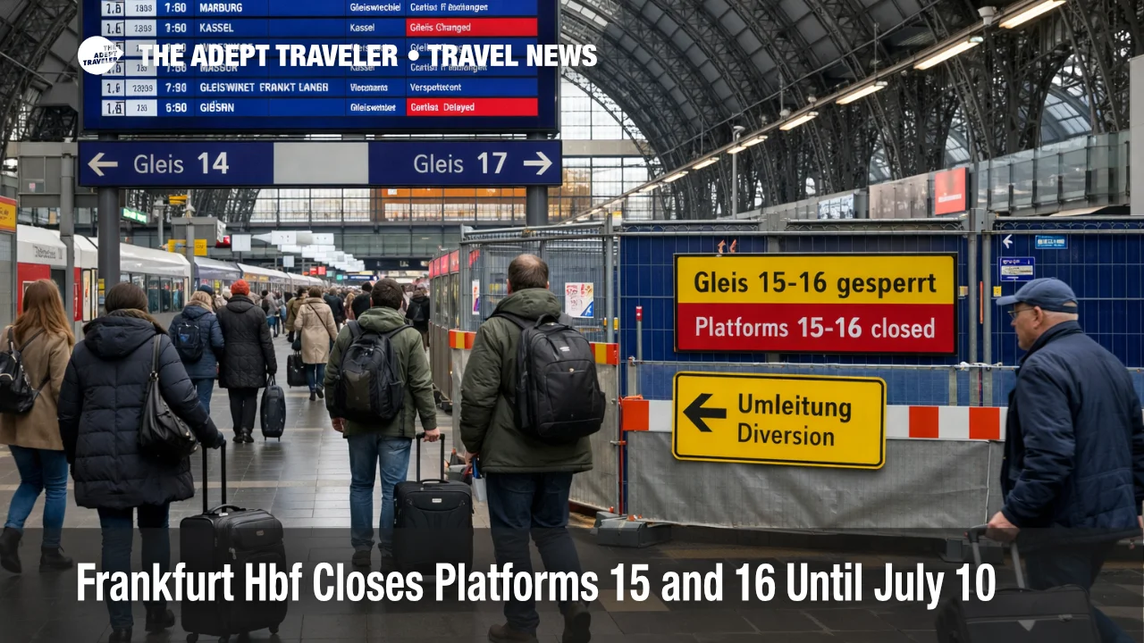Frankfurt Hbf platform closures shown by fenced access to platforms 15 and 16 and travelers checking a departures board