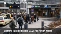 Germany transit strike airport access delays, taxi queues and crowded rail links outside Berlin Brandenburg Airport