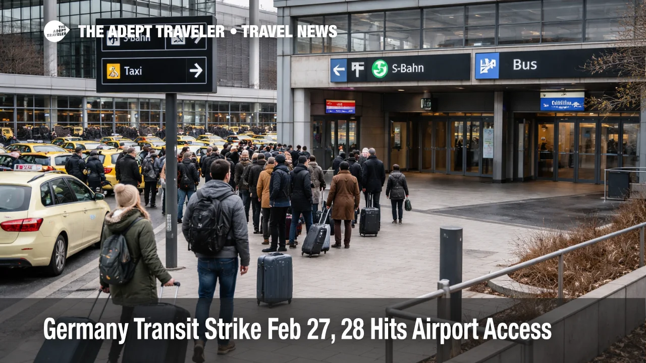 Germany transit strike airport access delays, taxi queues and crowded rail links outside Berlin Brandenburg Airport