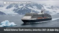Holland America South America Antarctica cruises, a ship sailing past Antarctic icebergs under overcast skies