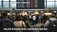Italy aviation strike Feb 26, departures board shows cancellations and delays as travelers queue at Rome Fiumicino