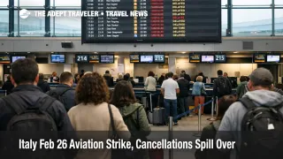 Italy aviation strike Feb 26, departures board shows cancellations and delays as travelers queue at Rome Fiumicino