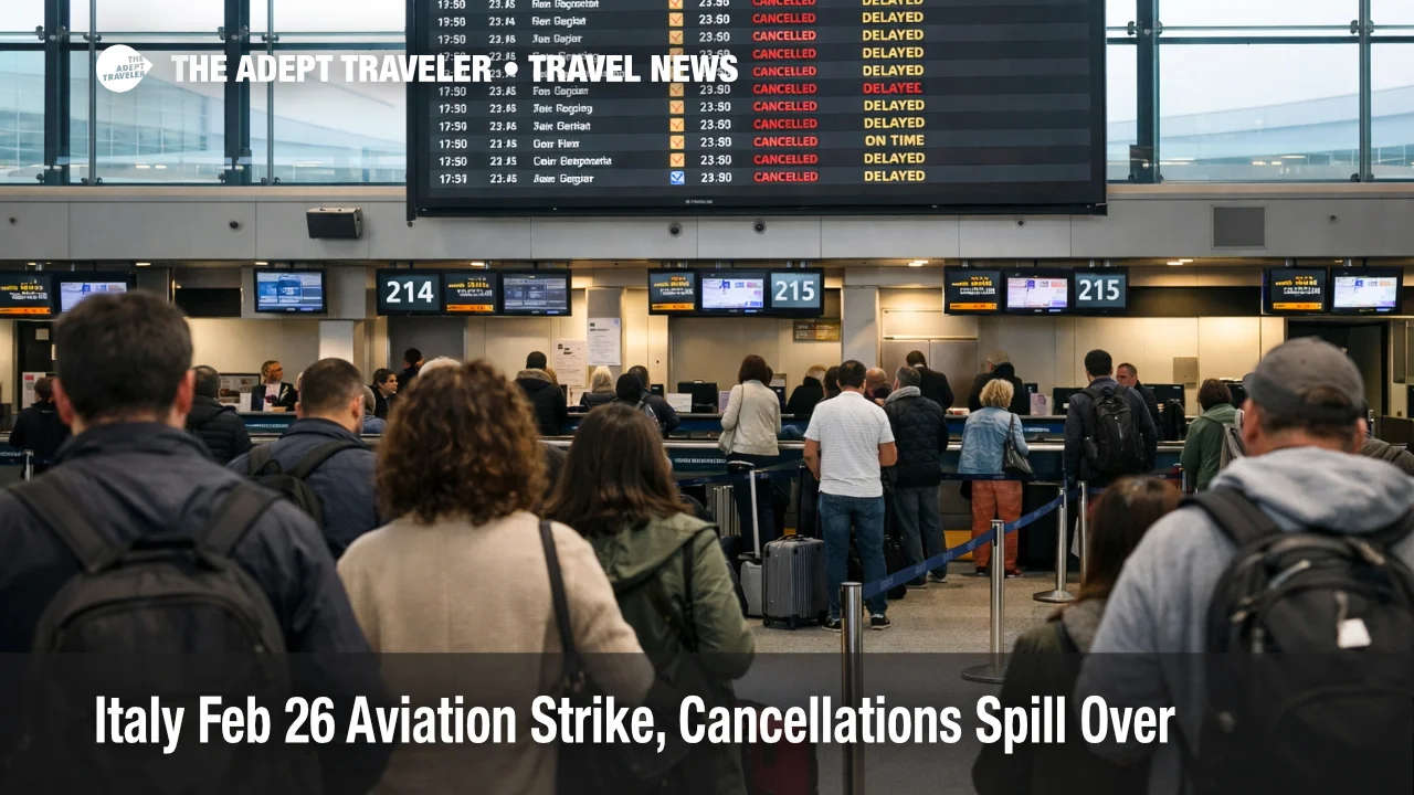 Italy aviation strike Feb 26, departures board shows cancellations and delays as travelers queue at Rome Fiumicino